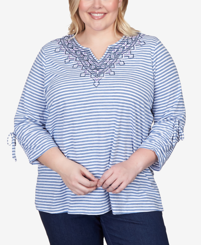 Alfred Dunner Plus Size Fields Stripe Geo Embroidered Split Neck Top In Blue
