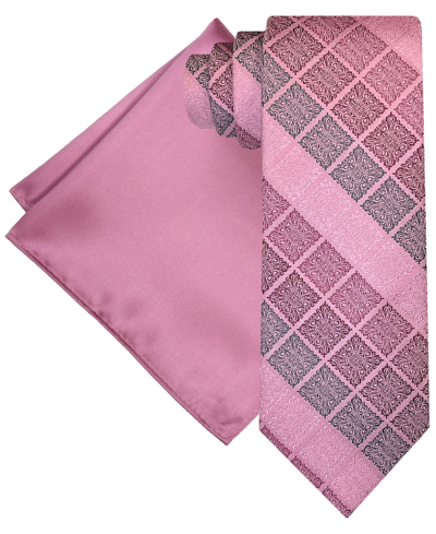 Steve Harvey Men's Extra Long Ornate Block Tie & Solid Pocket Square Set In Rose