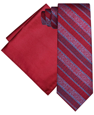 Steve Harvey Men's Extra Long Textured Stripe Tie & Pocket Square Set In Red
