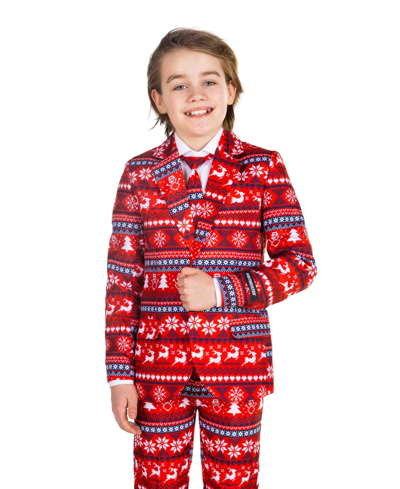 Suitmeister Kids' Little Boys Christmas Printed Suit, 3 Piece Set In Medium Red