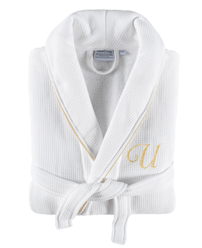 Linum Home Textiles 100% Turkish Cotton Unisex Personalized Waffle Weave Terry Bathrobe With Satin Piped Trim In White U
