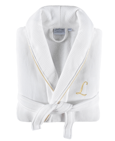 Linum Home Textiles 100% Turkish Cotton Unisex Personalized Waffle Weave Terry Bathrobe With Satin Piped Trim In White L