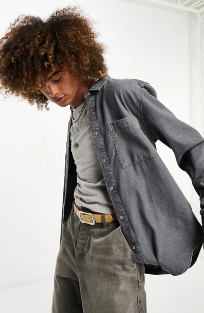 Asos Design Denim Snap-up Overshirt In Dark Grey