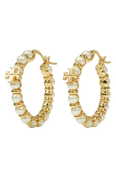 Tory Burch Kira Imitation Pearl Bead Hoop Earrings In Tory Gold Cream