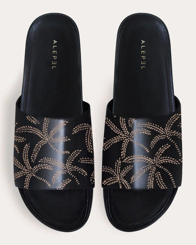 Alepel Women's Black & Beige Abstract Palms Slide Leather