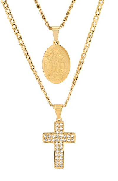 Hmy Jewelry 18k Gold Plated Stainless Steel Our Lady Of Guadalupe & Pavé Cross Layered Necklace