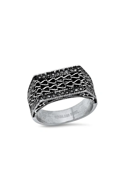 Hmy Jewelry Stainless Steel Textured Signet Ring In Metallic