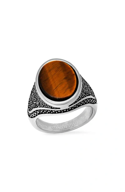 Hmy Jewelry Stainless Steel Oval Tiger's Eye Ring In Silver/brown