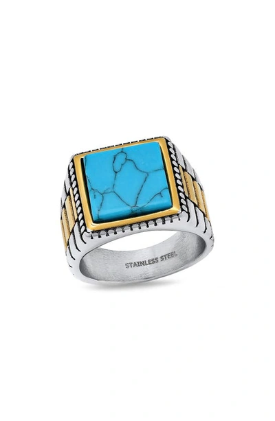 Hmy Jewelry Two-tone Stainless Steel Simulated Turquoise Ring In Silver/gold/blue