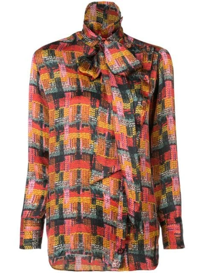 Adam Lippes Button-front Long-sleeve Printed Blouse W/ Detachable Scarf, Red In Red-multi