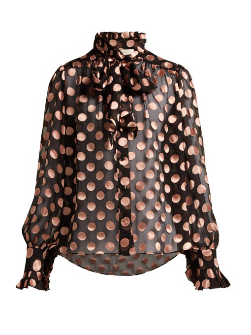 pink and black polka dot blouse