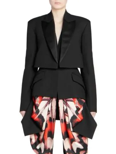 Alexander Mcqueen Scarf-draping Fringe-hem Trompe-l'oeil Layered Tuxedo Jacket In Black