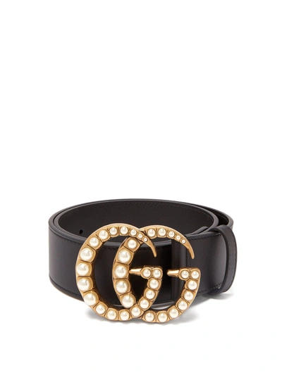 Gucci Leather Belt With Pearl Double G In Black