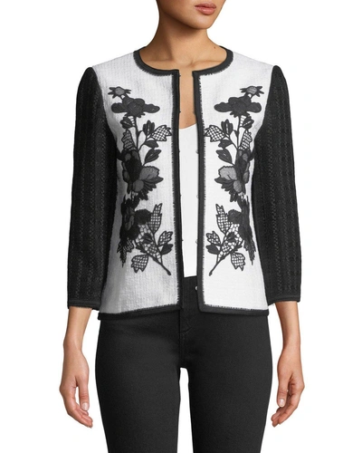 Andrew Gn 3/4-sleeve Hook-front Floral-embroidered Jacket In White/black