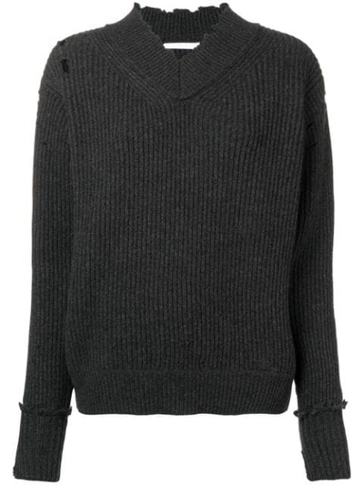 Helmut Lang Distressed V-neck Wool Pullover Sweater In Charcoal