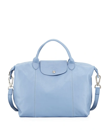 Longchamp Le Pliage Cuir Medium Handbag With Strap In Blue Mist