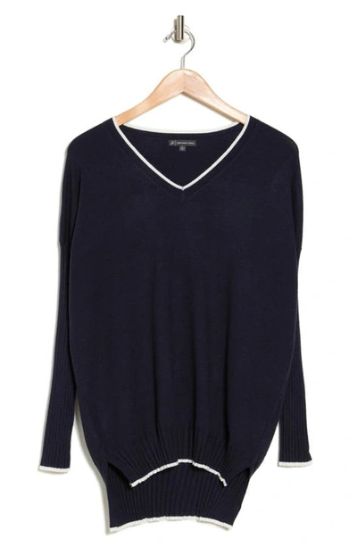 Adrianna Papell V-neck High-low Tunic Sweater In Navy/ Ivory
