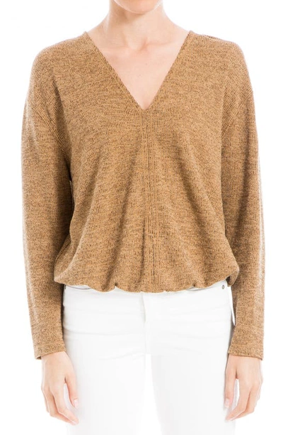 Max Studio V-neck Long Sleeve Rib Knit Bubble Top In Brown