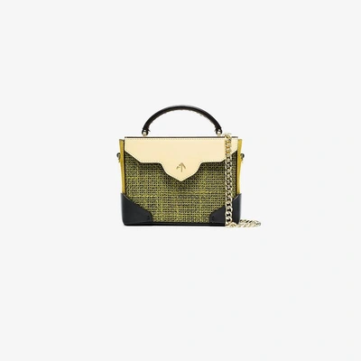 Manu Atelier Yellow And Black Micro Bold Linen Leather Shoulder Bag In Green