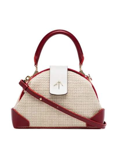 Manu Atelier Beige And Red Demi Linen And Leather Crossbody Bag In Beige & White & Red