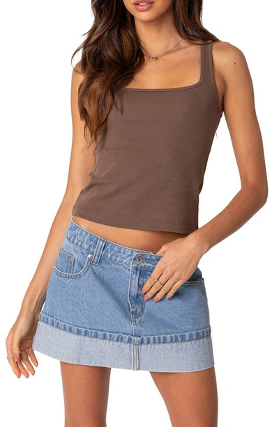Edikted Square Neck Cotton Blend Tank Top In Brown