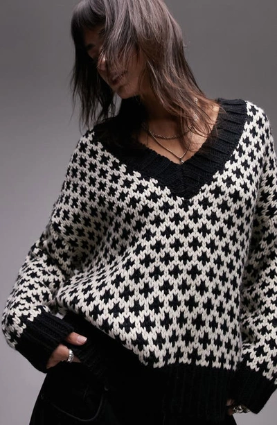 Topshop Diamond Pattern V-neck Sweater In Black Multi