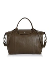 Longchamp Medium 'le Pliage Cuir' Leather Top Handle Tote - Green In Khaki