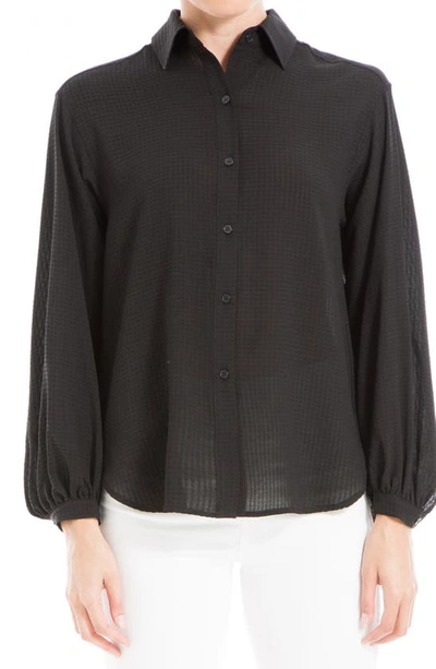 Max Studio Babygrid Texture Long Sleeve Button-down Blouse In Black