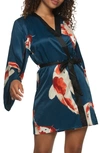 Felina Adrienne Print Short Satin Robe In Midnight Koi