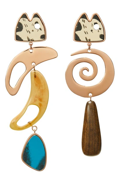 Tory Burch Fish Mismatched Drop Earrings In Copper / Wood / Multi