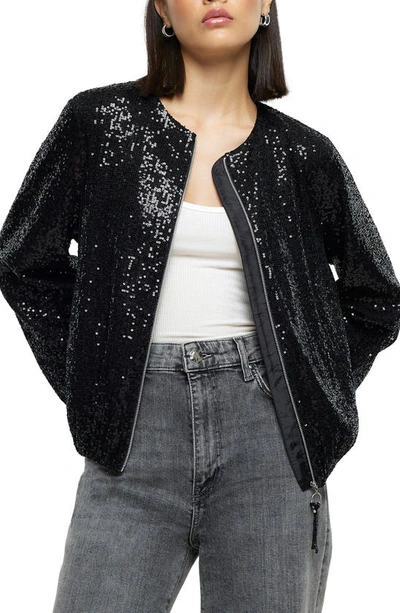 River Island Sequin Bomber Jacket In Black