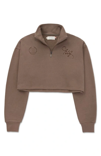 Honor The Gift Embroidered Quarter Zip Cotton Crop Sweatshirt In Grey