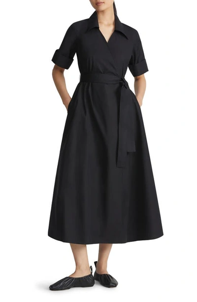 Lafayette 148 Belted Organic Cotton Poplin Faux Wrap Shirtdress In Black