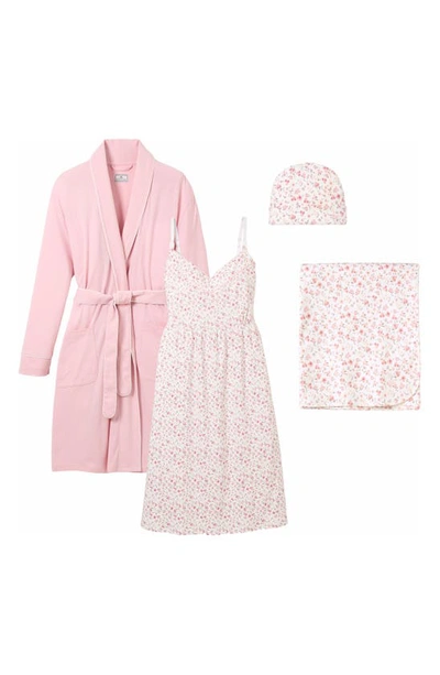 Petite Plume The Hospital Stay Luxe Maternity/nursing Robe, Nightgown, Baby Blanket & Baby Hat Set In Pink