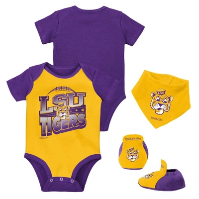 Mitchell & Ness Baby Boys And Girls  Purple, Gold Lsu Tigers 3-pack Bodysuit, Bib And Bootie Set