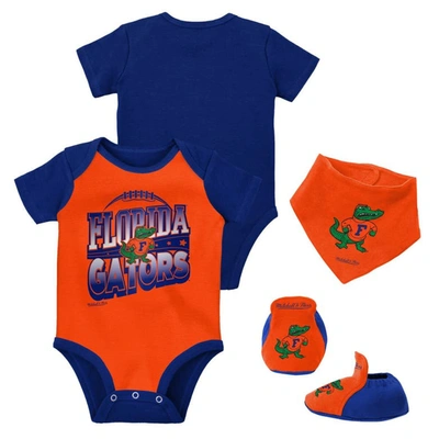 Mitchell & Ness Baby Boys And Girls  Royal, Orange Florida Gators 3-pack Bodysuit, Bib And Bootie Set In Royal,orange