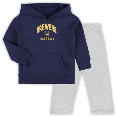 Outerstuff Kids' Toddler Navy/gray Milwaukee Brewers Play-by-play Pullover Fleece Hoodie & Trousers Set