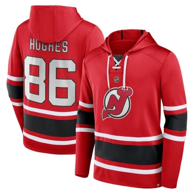 Fanatics Branded Jack Hughes Red New Jersey Devils Name & Number Lace-up Pullover Hoodie