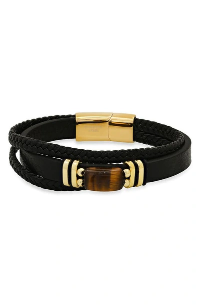 Hmy Jewelry 18k Gold Plated Tiger's Eye Layered Leather Bracelet In Gold/black/brown