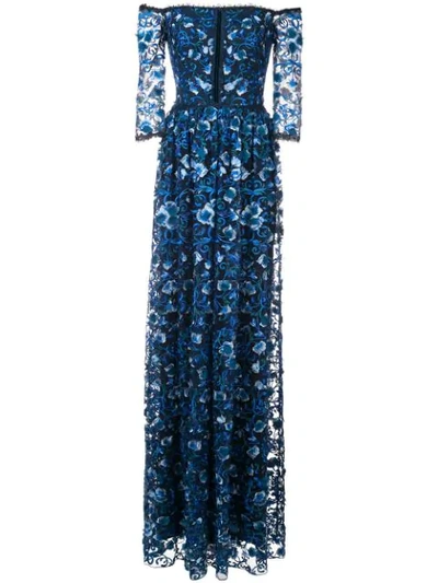 Marchesa Notte Off-the-shoulder Embroidered Floral Gown In Navy