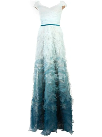 Marchesa Notte Off The Shoulder Ombre Textured Gown In Blue