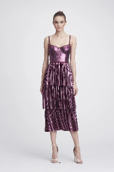Marchesa Notte Sleeveless Pleated Lame Midi Tea Dress In Lilac