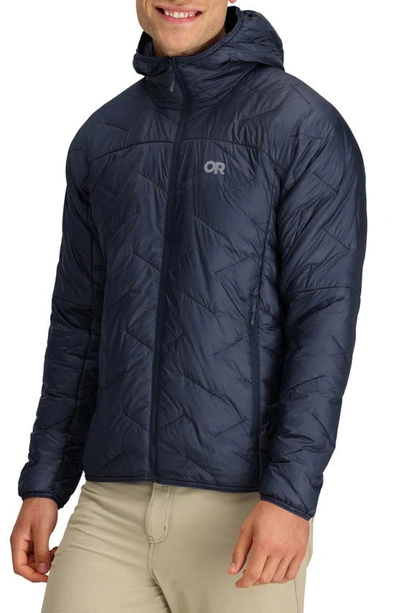 Outdoor Research Superstrand Lt Hooded Water Resistant Packable Puffer Jacket In Naval Blue