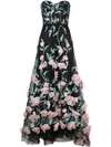 Marchesa Notte Strapless Embroidered Hi Lo Gown In Black ,pink