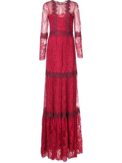 Marchesa Notte Long Sleeve Mixed Lace Gown In Red