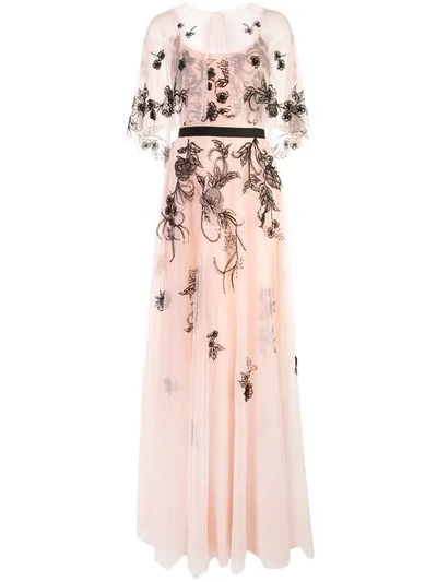 Marchesa Notte Sleeveless Embroidered Tulle Gown W/ Beaded Capelet In Pink