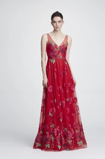 Marchesa Notte Sleeveless Floral V Neck Gown In Red