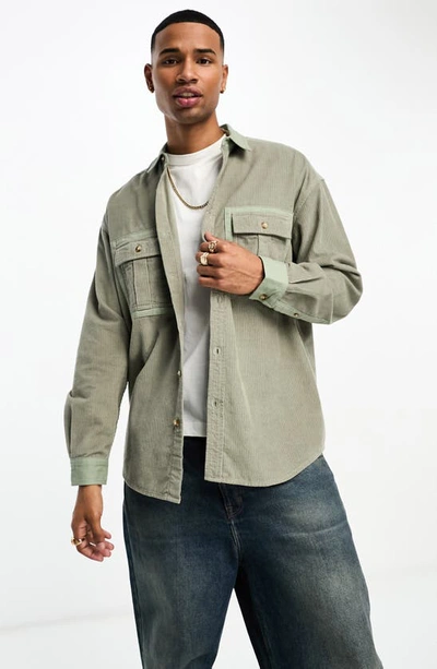 Asos Design '90s Mix Media Corduroy Button-up Shirt In Khaki