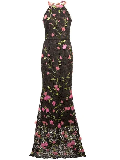Marchesa Notte Lace Fitted Long Dress In Black