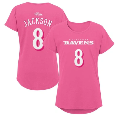 Outerstuff Kids' Girls Youth Lamar Jackson Pink Baltimore Ravens Player Name & Number T-shirt